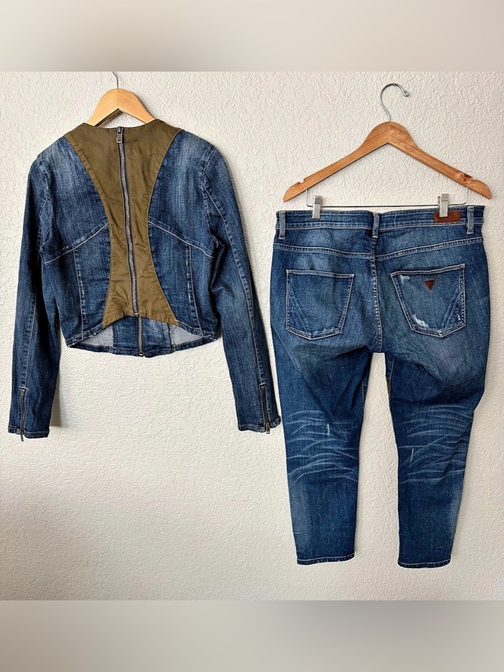 GUESS Boyfriend Distressed Denim Olive Jeans Sz 31 & Matching Moto Jacket Size L - Picture 6 of 10